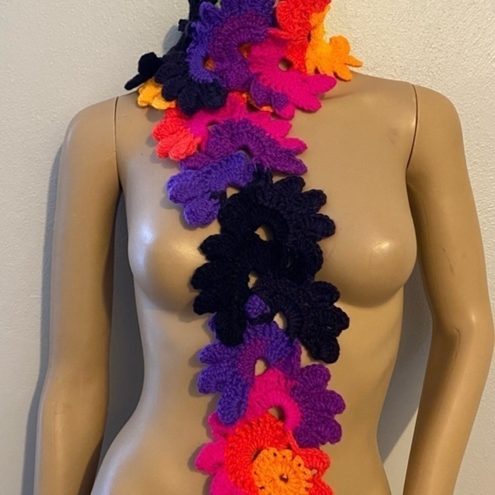 Handmade crochet floral rainbow colors scarf